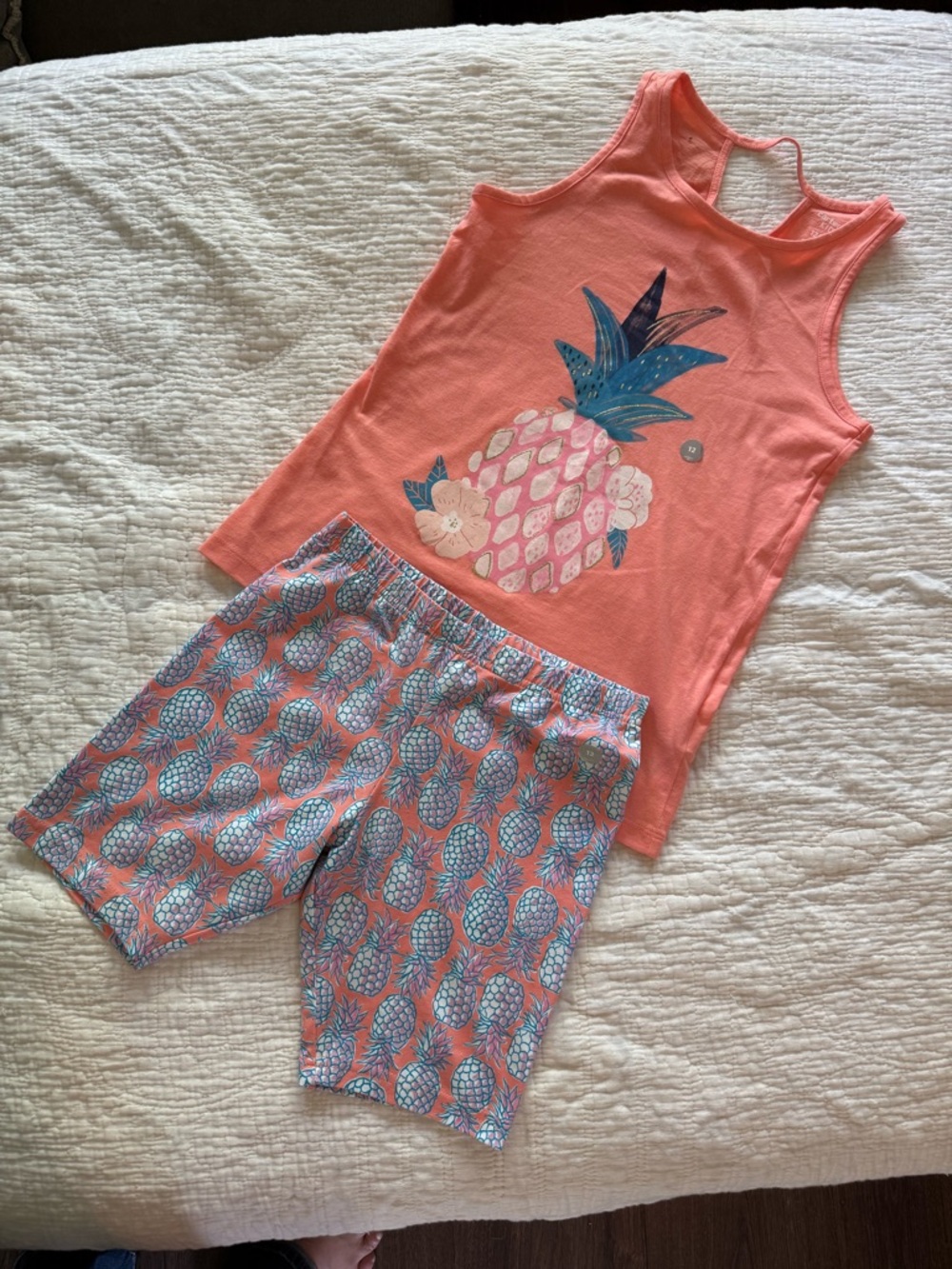 Girls' Sz 12 Carters Coral Pineapple Tank & Bike Short Set New without Tags
